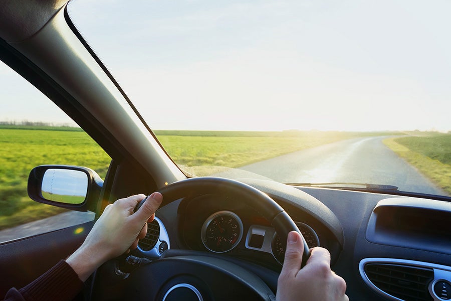 Steering wheel close-up with road view ahead